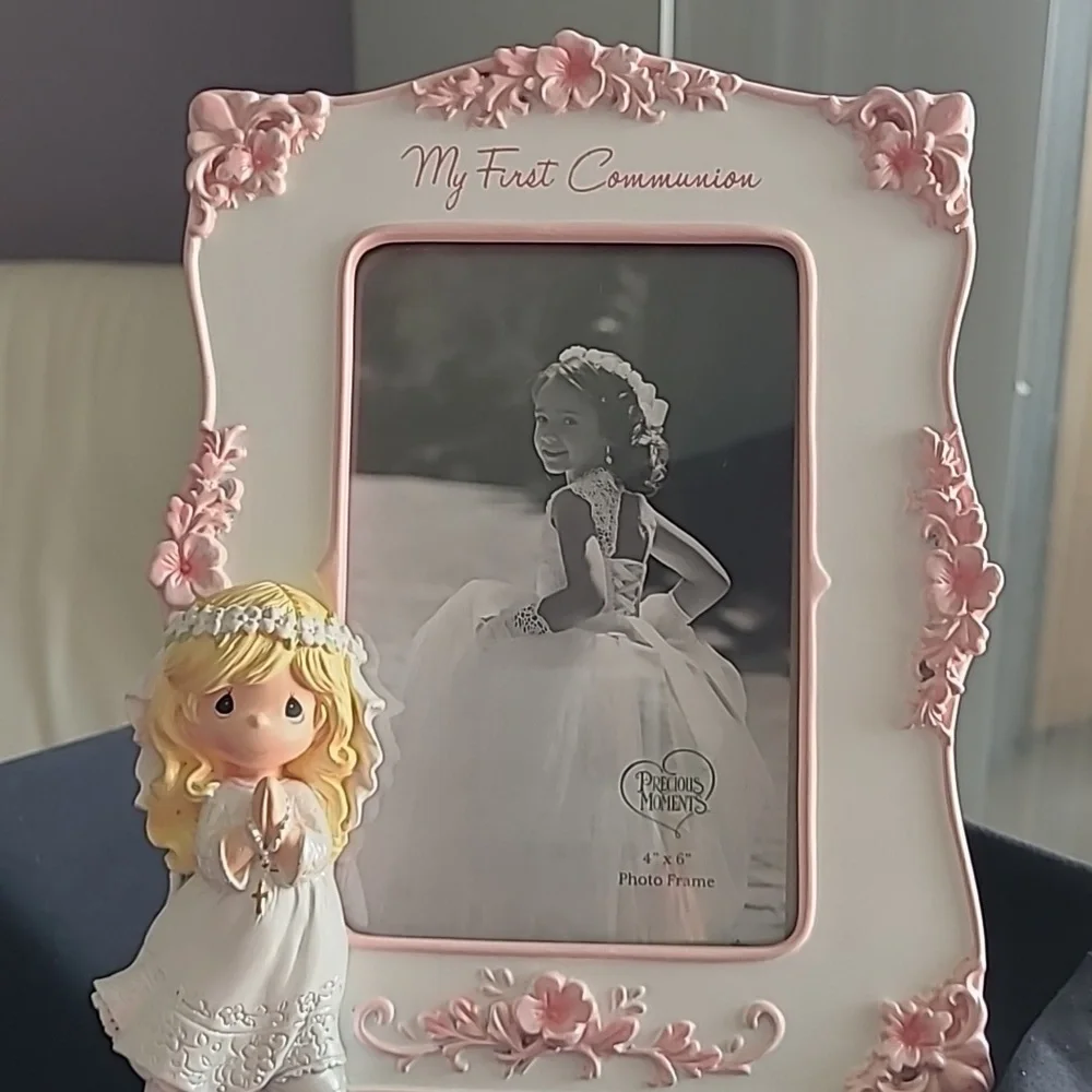 Precious Monents My First Communion Photo Frame Trimmed W Pink Flowers 4x6 Frame - Picture 3 of 6